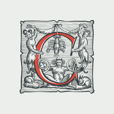Gothic C letter logo. Medieval dropcap. Devil, witches and ghosts in hell. Engraving hatching illustration. Germanic font for bewitchment labels, pagan music, black magic posters, potions packaging.のイラスト素材