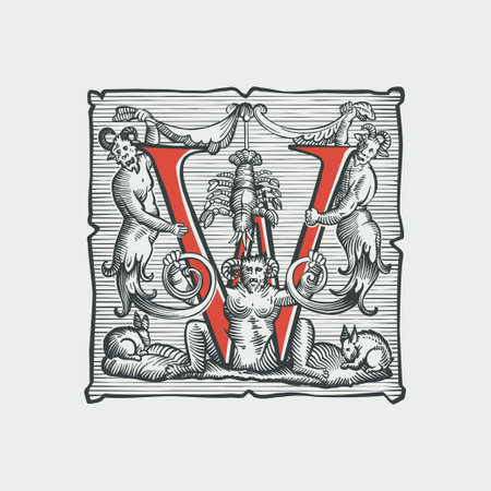 Gothic W letter logo. Medieval dropcap. Devil, witches and ghosts in hell. Engraving hatching illustration. Germanic font for bewitchment labels, pagan music, black magic posters, potions packaging.のイラスト素材