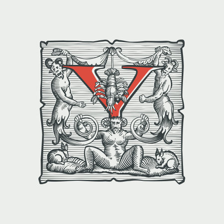 Gothic Y letter logo. Medieval dropcap. Devil, witches and ghosts in hell. Engraving hatching illustration. Germanic font for bewitchment labels, pagan music, black magic posters, potions packaging.のイラスト素材