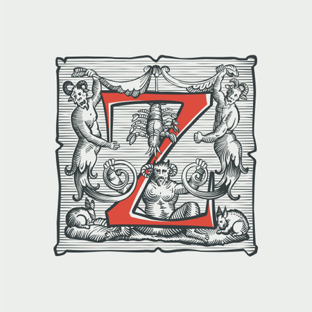 Gothic Z letter logo. Medieval dropcap. Devil, witches and ghosts in hell. Engraving hatching illustration. Germanic font for bewitchment labels, pagan music, black magic posters, potions packaging.のイラスト素材