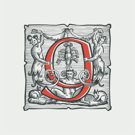 9 logo. Number nine medieval dropcap. Devil, witches and ghosts in hell. Engraving hatching illustration. Germanic font for bewitchment labels, pagan music, black magic posters, potions packaging.のイラスト素材