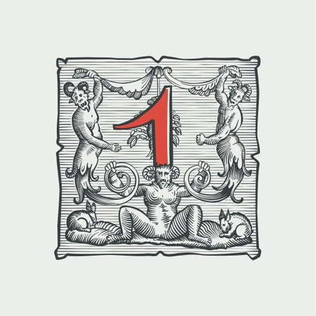 1 logo. Number seven medieval dropcap. Devil, witches and ghosts in hell. Engraving hatching illustration. Germanic font for bewitchment labels, pagan music, black magic posters, potions packaging.のイラスト素材
