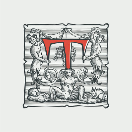 Gothic T letter logo. Medieval dropcap. Devil, witches and ghosts in hell. Engraving hatching illustration. Germanic font for bewitchment labels, pagan music, black magic posters, potions packaging.のイラスト素材
