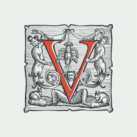 Gothic V letter logo. Medieval dropcap. Devil, witches and ghosts in hell. Engraving hatching illustration. Germanic font for bewitchment labels, pagan music, black magic posters, potions packaging.のイラスト素材