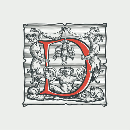 Gothic D letter logo. Medieval dropcap. Devil, witches and ghosts in hell. Engraving hatching illustration. Germanic font for bewitchment labels, pagan music, black magic posters, potions packaging.のイラスト素材