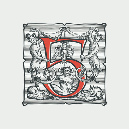 5 logo. Number five medieval dropcap. Devil, witches and ghosts in hell. Engraving hatching illustration. Germanic font for bewitchment labels, pagan music, black magic posters, potions packaging.のイラスト素材
