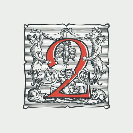 2 logo. Number two medieval dropcap. Devil, witches and ghosts in hell. Engraving hatching illustration. Germanic font for bewitchment labels, pagan music, black magic posters, potions packaging.のイラスト素材