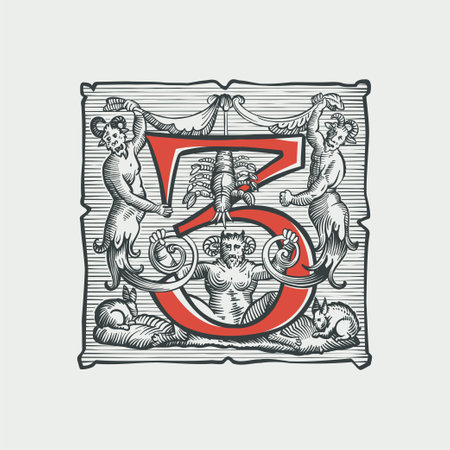 3 logo. Number three medieval dropcap. Devil, witches and ghosts in hell. Engraving hatching illustration. Germanic font for bewitchment labels, pagan music, black magic posters, potions packaging.のイラスト素材