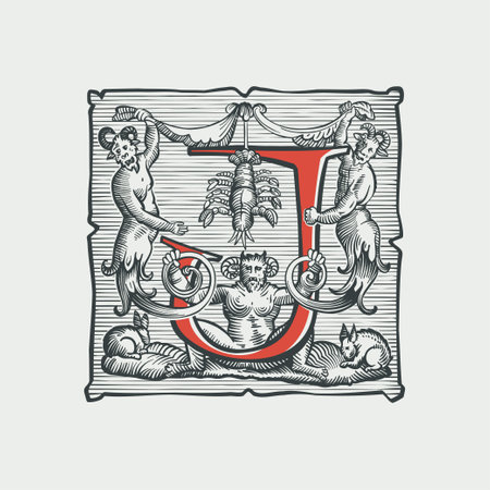 Gothic J letter logo. Medieval dropcap. Devil, witches and ghosts in hell. Engraving hatching illustration. Germanic font for bewitchment labels, pagan music, black magic posters, potions packaging.のイラスト素材