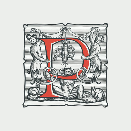Gothic P letter logo. Medieval dropcap. Devil, witches and ghosts in hell. Engraving hatching illustration. Germanic font for bewitchment labels, pagan music, black magic posters, potions packaging.のイラスト素材