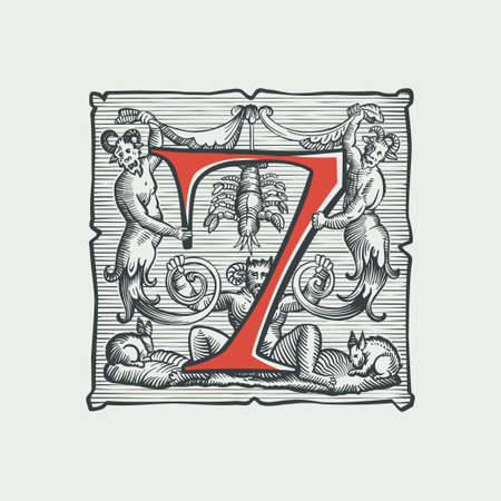 7 logo. Number seven medieval dropcap. Devil, witches and ghosts in hell. Engraving hatching illustration. Germanic font for bewitchment labels, pagan music, black magic posters, potions packaging.のイラスト素材