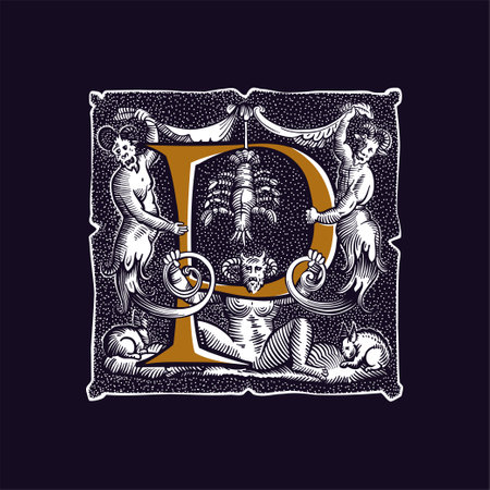 Witchcraft letter P logo. Gothic medieval initial. Devil, cancer and ghosts in hell. Engraving drop cap with dots pattern. Alchemy font for Halloween invitations, pagan music, black magic labels.のイラスト素材