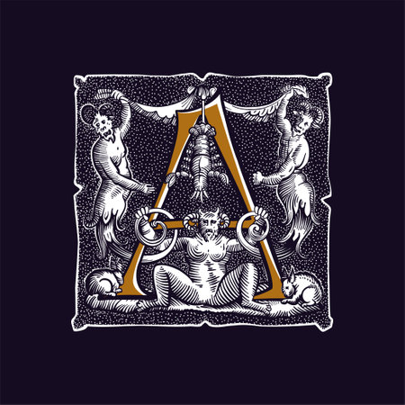 Witchcraft letter A logo. Gothic medieval initial. Devil, cancer and ghosts in hell. Engraving drop cap with dots pattern. Alchemy font for Halloween invitations, pagan music, black magic labels.のイラスト素材