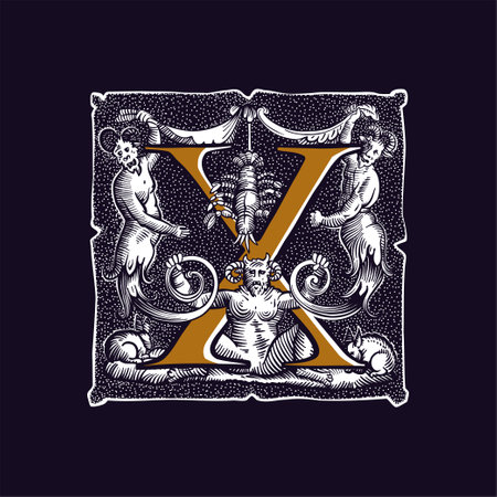 Witchcraft letter X logo. Gothic medieval initial. Devil, cancer and ghosts in hell. Engraving drop cap with dots pattern. Alchemy font for Halloween invitations, pagan music, black magic labels.のイラスト素材