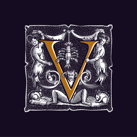 Witchcraft letter V logo. Gothic medieval initial. Devil, cancer and ghosts in hell. Engraving drop cap with dots pattern. Alchemy font for Halloween invitations, pagan music, black magic labels.のイラスト素材