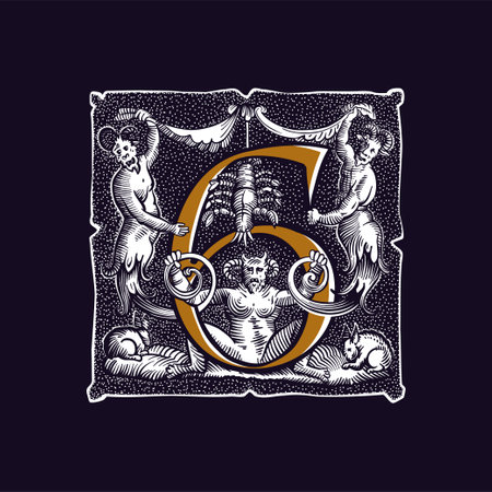 6 logo. Witchcraft number six sign. Gothic medieval initial. Devil, cancer and ghosts in hell. Engraving drop cap with dots pattern. Alchemy font for Halloween invitations, pagan black magic labels.のイラスト素材