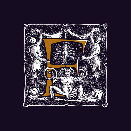 Witchcraft letter F logo. Gothic medieval initial. Devil, cancer and ghosts in hell. Engraving drop cap with dots pattern. Alchemy font for Halloween invitations, pagan music, black magic labels.のイラスト素材