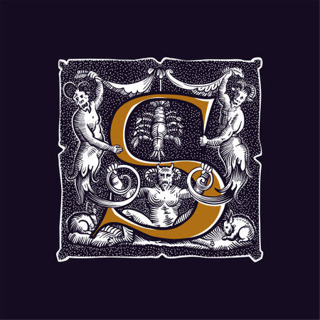 Witchcraft letter S logo. Gothic medieval initial. Devil, cancer and ghosts in hell. Engraving drop cap with dots pattern. Alchemy font for Halloween invitations, pagan music, black magic labels.のイラスト素材