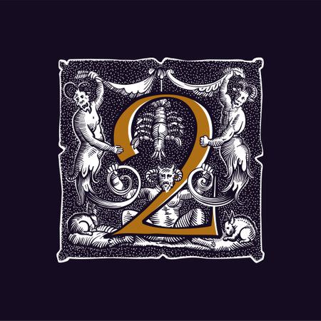 2 logo. Witchcraft number two sign. Gothic medieval initial. Devil, cancer and ghosts in hell. Engraving drop cap with dots pattern. Alchemy font for Halloween invitations, pagan black magic labels.のイラスト素材
