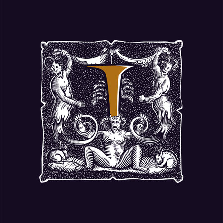 Witchcraft letter I  . Gothic medieval initial. Devil, cancer and ghosts in hell. Engraving drop cap with dots pattern. Alchemy font for Halloween invitations, pagan music, black magic labels.のイラスト素材