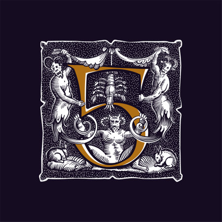 5 logo. Witchcraft number five sign. Gothic medieval initial. Devil, cancer and ghosts in hell. Engraving drop cap with dots pattern. Alchemy font for Halloween invitations, pagan black magic labels.のイラスト素材