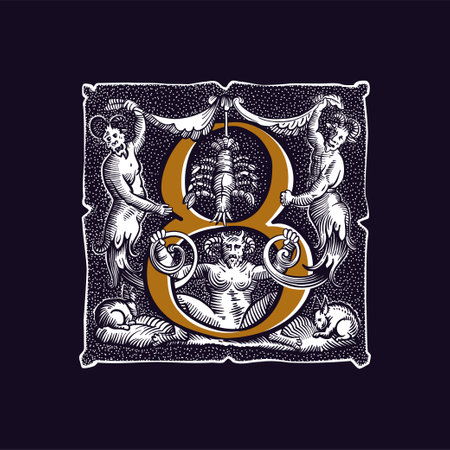 8 logo. Witchcraft number eight sign. Gothic medieval initial. Devil, cancer and ghosts in hell. Engraving drop cap with dots pattern. Alchemy font for Halloween invitations, pagan black magic labels.のイラスト素材