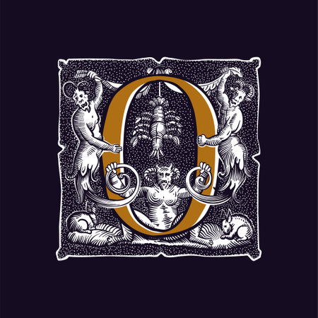 0 logo. Witchcraft number zero sign. Gothic medieval initial. Devil, cancer and ghosts in hell. Engraving drop cap with dots pattern. Alchemy font for Halloween invitations, pagan black magic labels.のイラスト素材