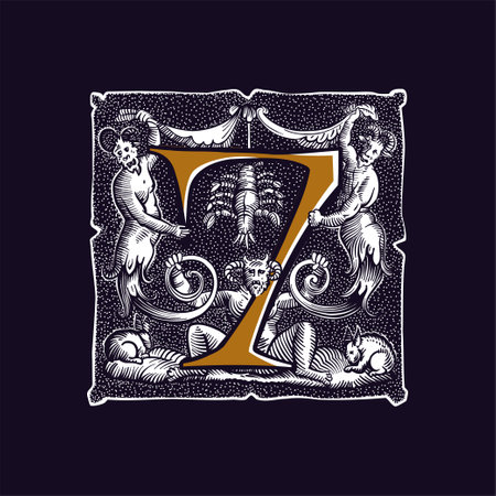 7 logo. Witchcraft number seven sign. Gothic medieval initial. Devil, cancer and ghosts in hell. Engraving drop cap with dots pattern. Alchemy font for Halloween invitations, pagan black magic labels.のイラスト素材