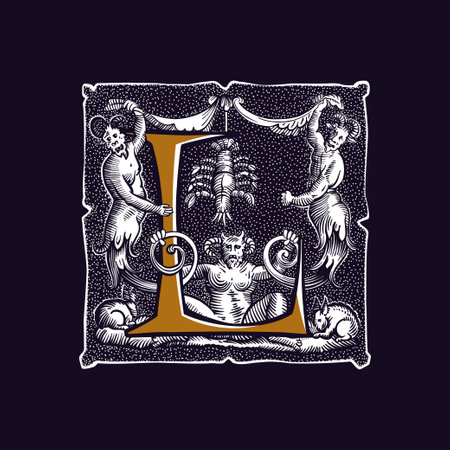Witchcraft letter L logo. Gothic medieval initial. Devil, cancer and ghosts in hell. Engraving drop cap with dots pattern. Alchemy font for Halloween invitations, pagan music, black magic labels.のイラスト素材