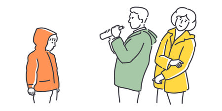 Family outdoor. Mother, father and child in rain jacket. Parents with son or daughter in the wild. Simple style outline flat vector illustrations. Perfect for web and social media, travel design.のイラスト素材