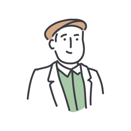Portrait of smiling mature man with cap standing on white background. Simple style outline flat vector illustrations. Casual scenes. Perfect for web and marketing, social media, creative process.のイラスト素材