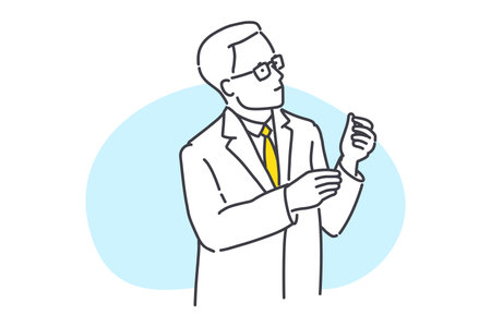 Portrait of concentrated scientist in white lab coat, looking at test results in the hands. Simple style outline flat vector illustrations. Medicine concept. Perfect for chemical app, social media.のイラスト素材