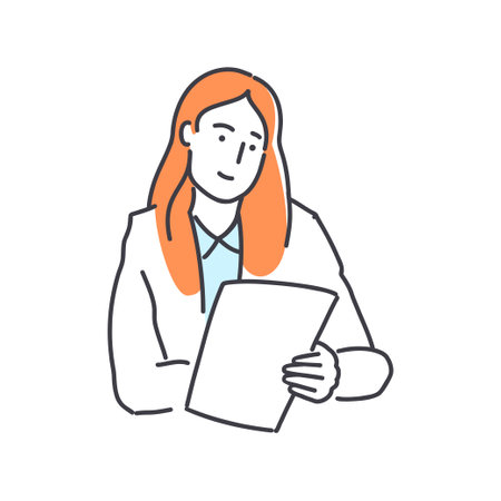 Beautiful female employee with resume paper at job interview. Simple style outline flat vector illustrations. Office scenes. Workflow concept. Perfect for web design, social media, creative process.のイラスト素材