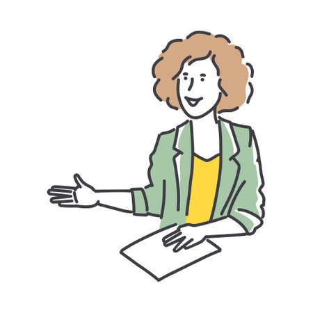 Beautiful female employee with resume paper at job interview. Simple style outline flat vector illustrations. Office scenes. Workflow concept. Perfect for web design, social media, creative process.のイラスト素材