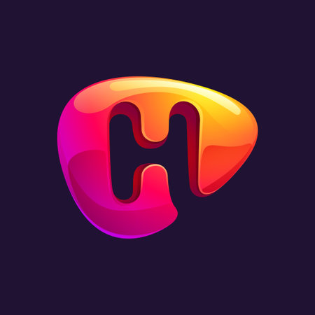 Initial letter H logo cut out of triangle sphere shape. Multicolor metallic arrow icon template. Abstract vector design element. Perfect for play button, fintech identity, sport emblem, delivery app.のイラスト素材