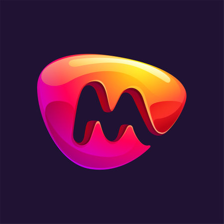 Initial letter M logo cut out of triangle sphere shape. Multicolor metallic arrow icon template. Abstract vector design element. Perfect for play button, fintech identity, sport emblem, delivery app.のイラスト素材