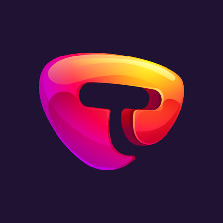 Initial letter T logo cut out of triangle sphere shape. Multicolor metallic arrow icon template. Abstract vector design element. Perfect for play button, fintech identity, sport emblem, delivery app.のイラスト素材