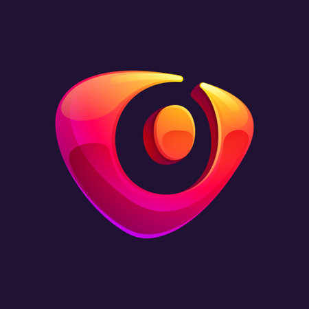 0 logo. Number zero cut out of triangle sphere shape. Multicolor metallic arrow icon template. Abstract vector design element. Perfect for play button, fintech identity, sport emblem, delivery app.のイラスト素材