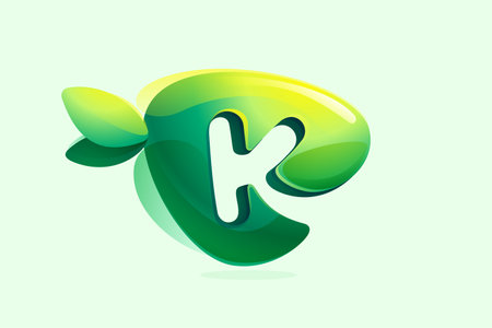 Environment friendly K letter initial. 3D realistic icon cut out of triangle arrow shape. Forest eco logo with green leaves in watercolor style. Vector for play button, healthy food, agriculture adv.のイラスト素材