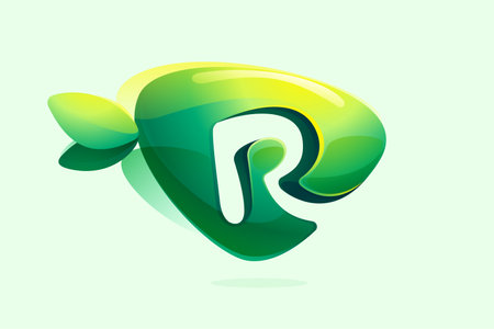 Environment friendly R letter initial. 3D realistic icon cut out of triangle arrow shape. Forest eco  with green leaves in watercolor style. Vector for play button, healthy food, agriculture adv.のイラスト素材