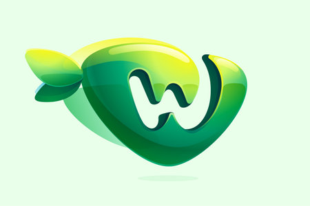 Environment friendly W letter initial. 3D realistic icon cut out of triangle arrow shape. Forest eco logo with green leaves in watercolor style. Vector for play button, healthy food, agriculture adv.のイラスト素材