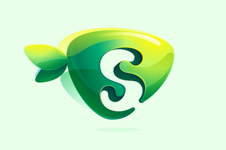 Environment friendly S letter initial. 3D realistic icon cut out of triangle arrow shape. Forest eco logo with green leaves in watercolor style. Vector for play button, food healthy, agriculture adv.のイラスト素材