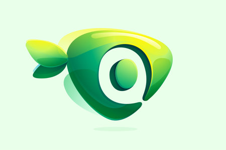 Environment friendly O letter initial. 3D realistic icon cut out of triangle arrow shape. Forest eco  with green leaves in watercolor style. Vector for play button, healthy food, agriculture adv.のイラスト素材