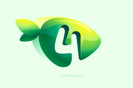 4 logo. Environment friendly number four. 3D realistic icon cut out of triangle arrow shape. Watercolor forest eco logo with green leaves. Vector for play button, healthy food, agriculture adv.のイラスト素材
