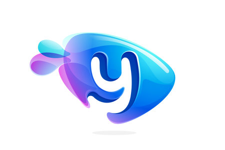 Y letter logo made of spring water and dew drops. Environment friendly initial. Pure eco emblem in overlapping watercolor style. 3D realistic icon in round triangle arrow shape. Vector play button.のイラスト素材