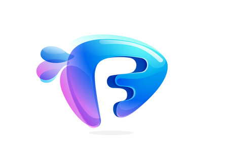 F letter logo made of spring water and dew drops. Environment friendly initial. Pure eco emblem in overlapping watercolor style. 3D realistic icon in round triangle arrow shape. Vector play button.のイラスト素材