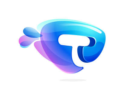 T letter logo made of spring water and dew drops. Environment friendly initial. Pure eco emblem in overlapping watercolor style. 3D realistic icon in round triangle arrow shape. Vector play button.のイラスト素材