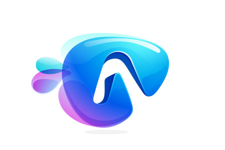 A letter logo made of spring water and dew drops. Environment friendly initial. Pure eco emblem in overlapping watercolor style. 3D realistic icon in round triangle arrow shape. vector play button.のイラスト素材