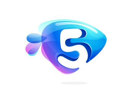 5 logo. Number five made of spring water and dew drops. Environment friendly initial. Pure eco emblem in overlapping watercolor style. 3D realistic icon in triangle arrow shape. Vector play button.のイラスト素材