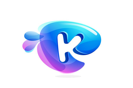 K letter logo made of spring water and dew drops. Environment friendly initial. Pure eco emblem in overlapping watercolor style. 3D realistic icon in round triangle arrow shape. vector play button.のイラスト素材